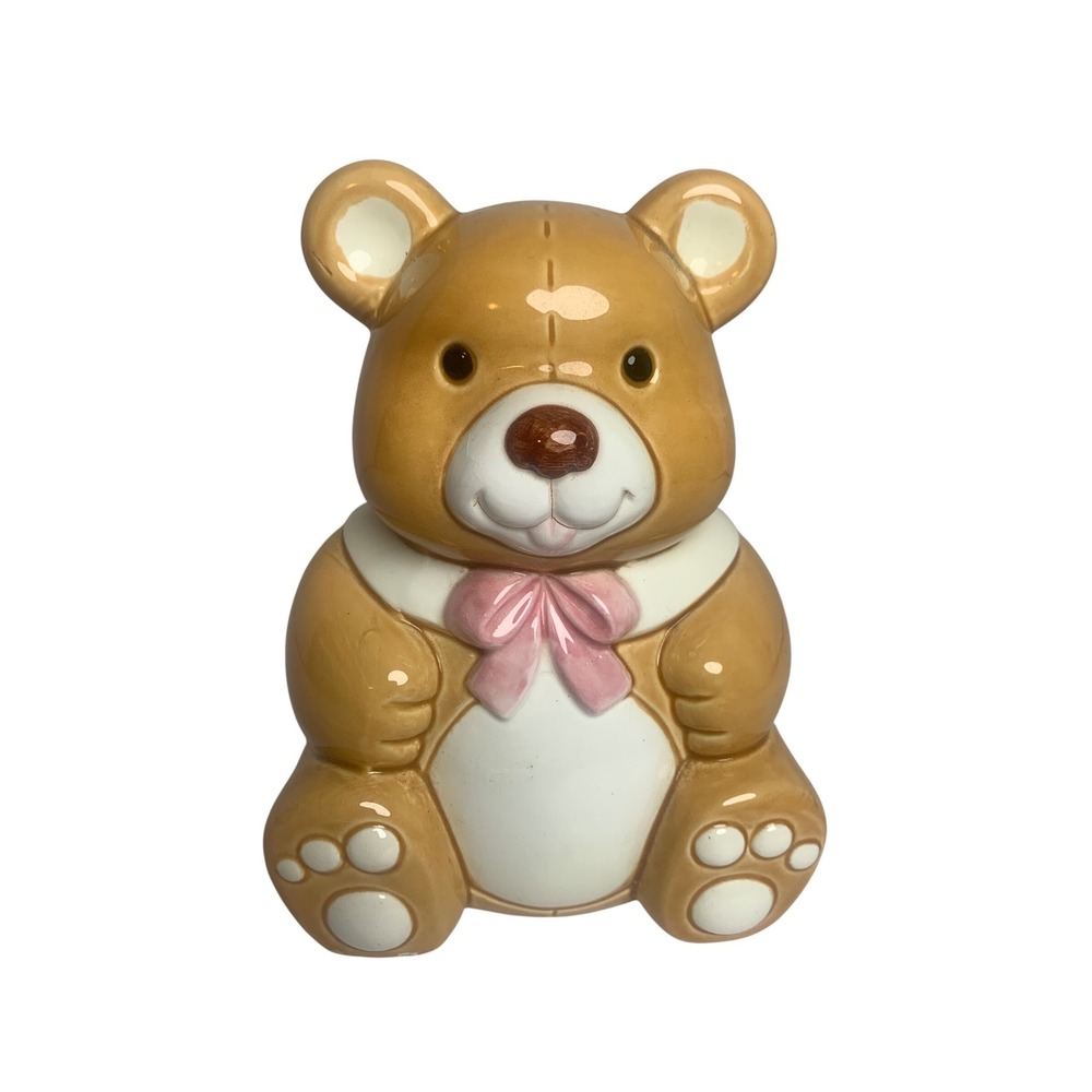 Vintage 1984 Lefton Ceramic Teddy Bear Coin Bank Brown Pink‎ Bow Cottagecore